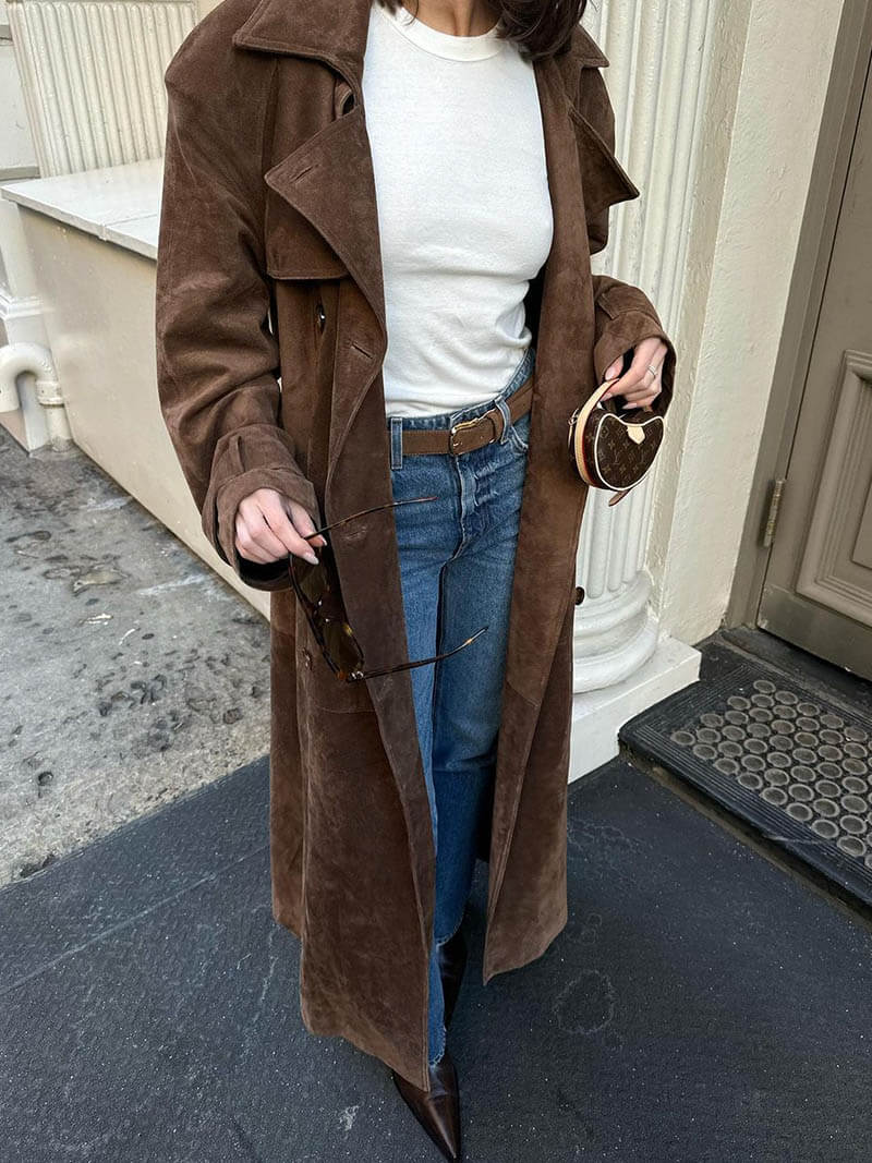 Elegant Long Suede Trench Coat for Women | Timeless Autumn & Winter Style