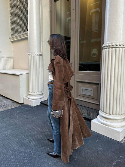 Elegant Long Suede Trench Coat for Women | Timeless Autumn & Winter Style