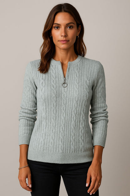 Women’s Elegant Knitted Jumper with Zip – Cozy Long Sleeve Sweater