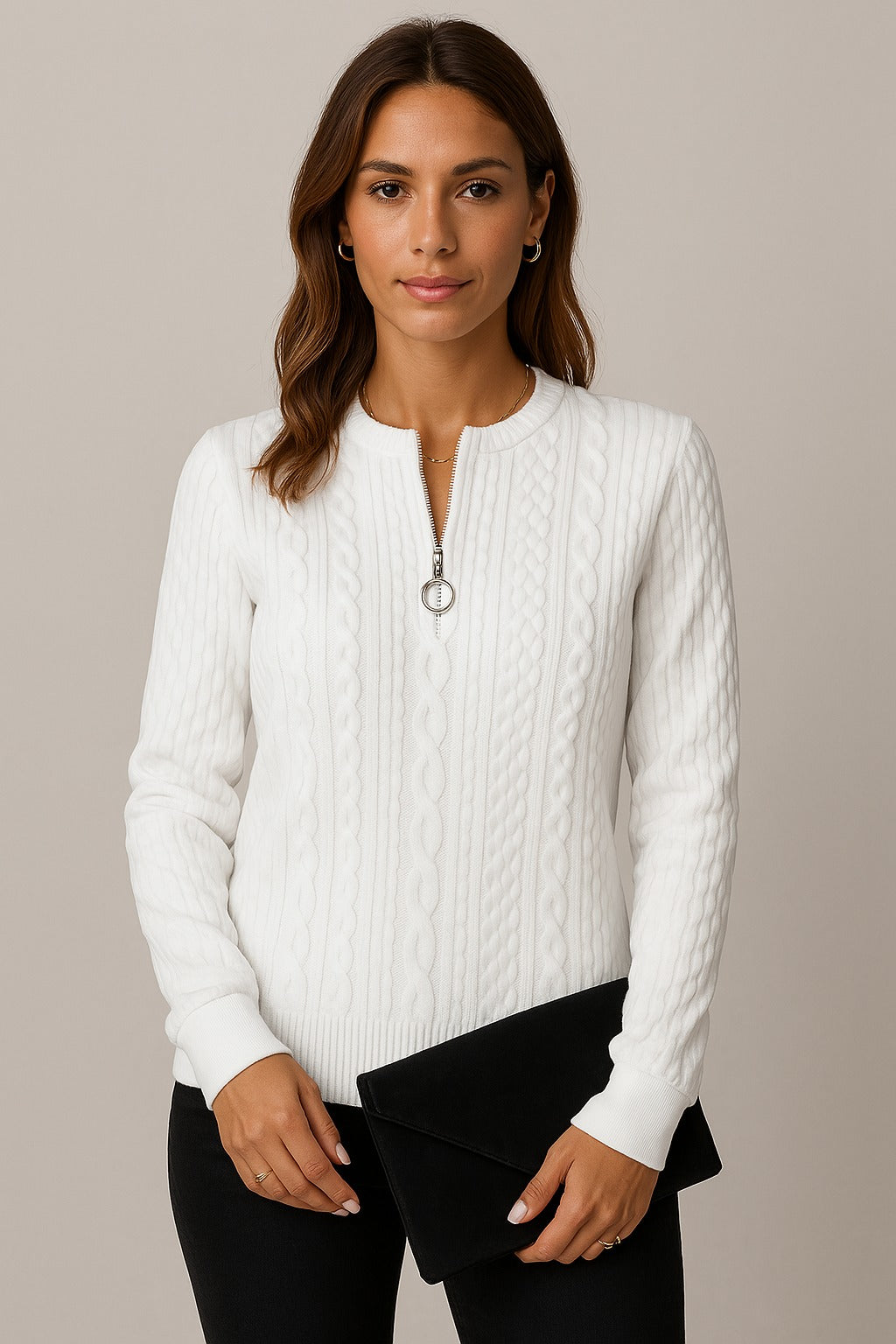 Women’s Elegant Knitted Jumper with Zip – Cozy Long Sleeve Sweater