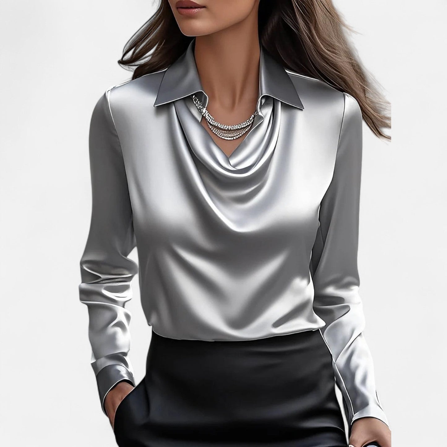 Women's Blouse Satin Long Sleeve Top with Draped Neckline 1