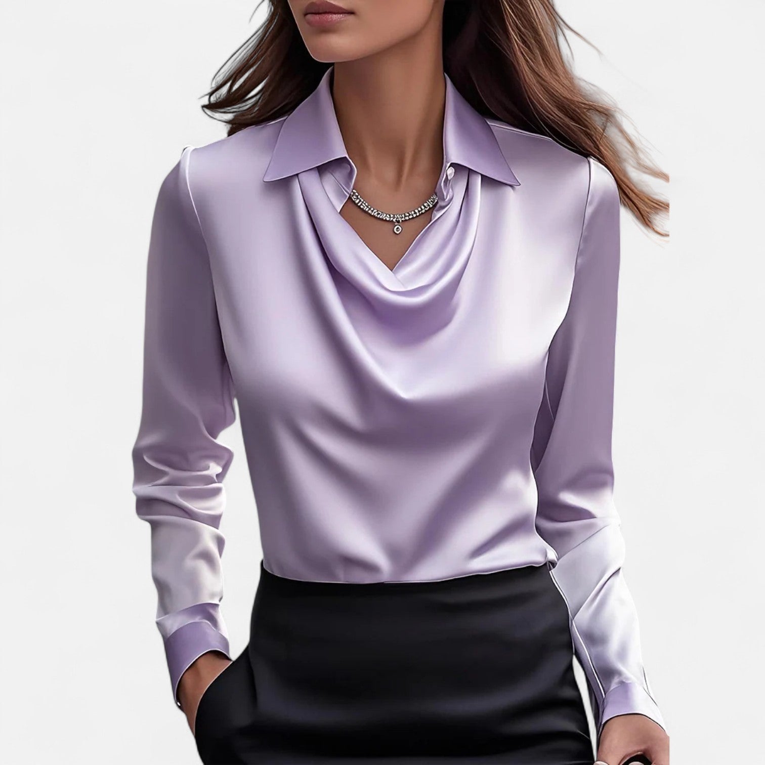 Women's Blouse Satin Long Sleeve Top with Draped Neckline 2