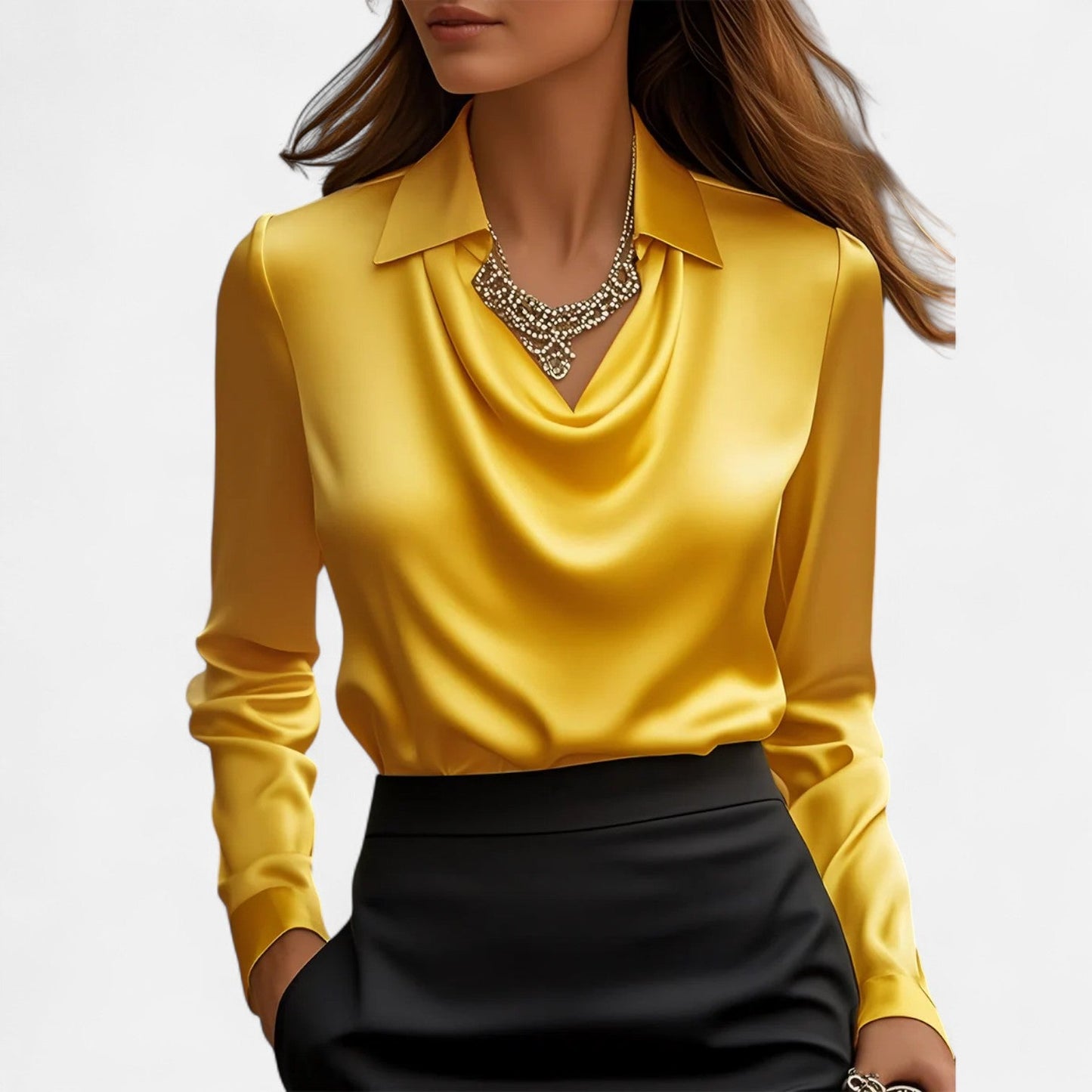 Women's Blouse Satin Long Sleeve Top with Draped Neckline 3