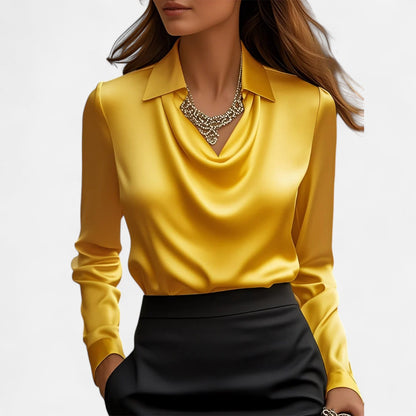 Women's Blouse Satin Long Sleeve Top with Draped Neckline 3