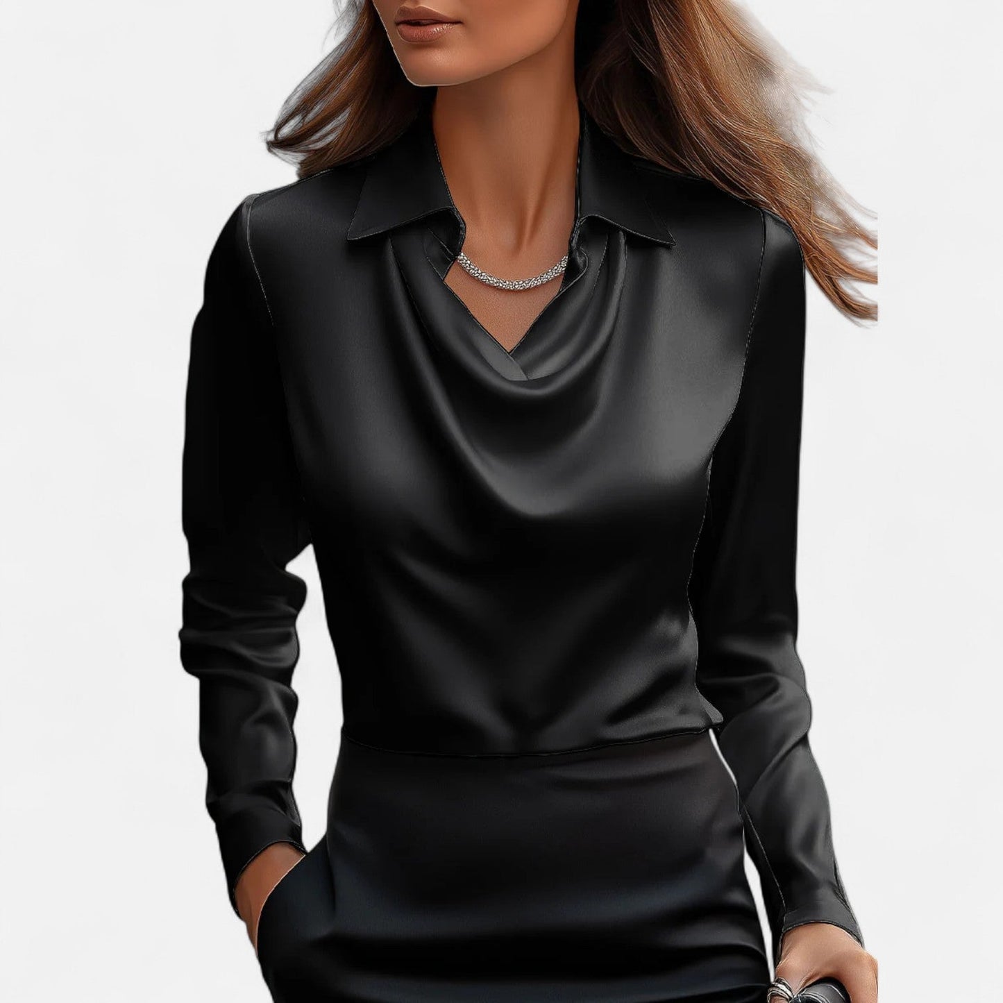 Women's Blouse Satin Long Sleeve Top with Draped Neckline 4