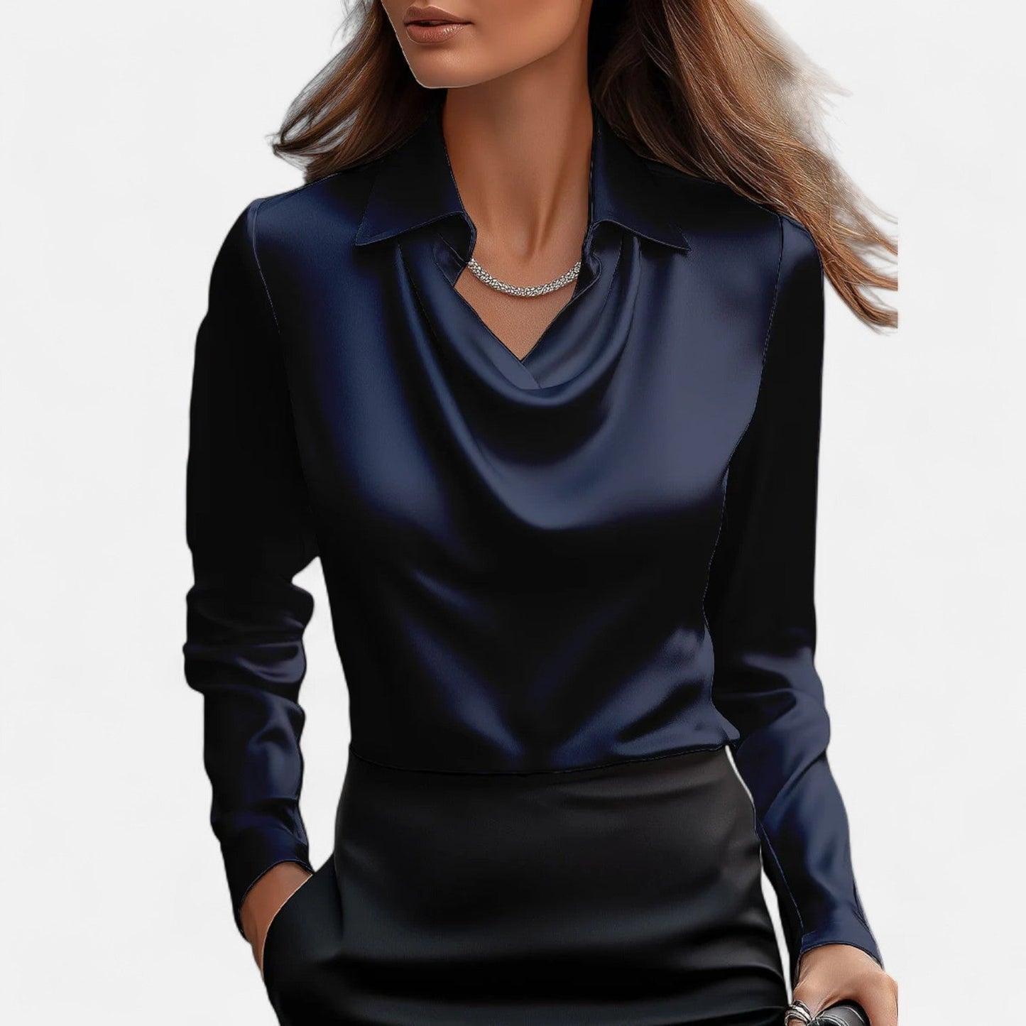 Women's Blouse Satin Long Sleeve Top with Draped Neckline 5