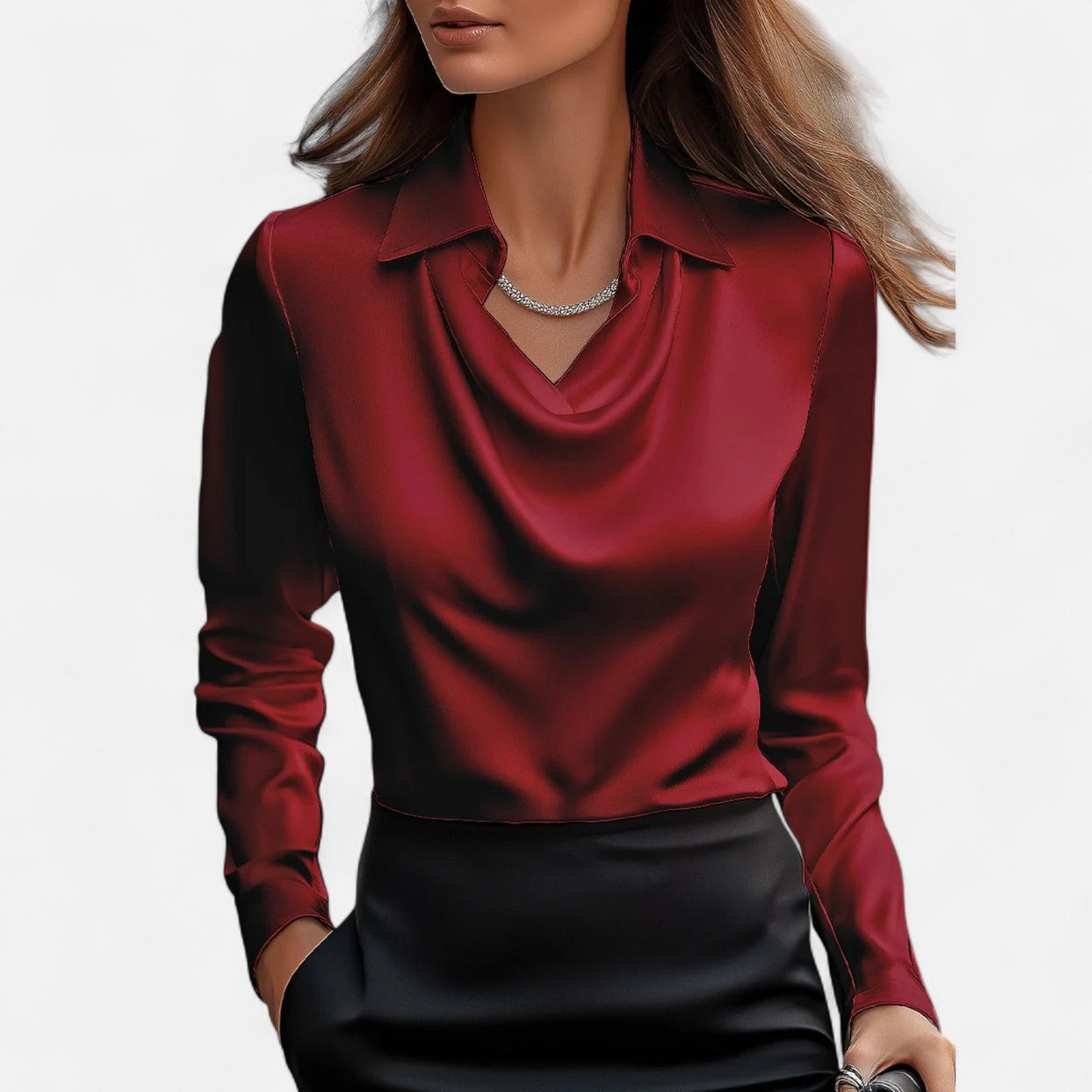 Women's Blouse Satin Long Sleeve Top with Draped Neckline 6