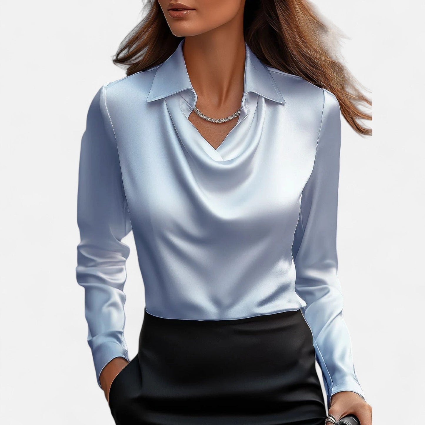 Women's Blouse Satin Long Sleeve Top with Draped Neckline 8