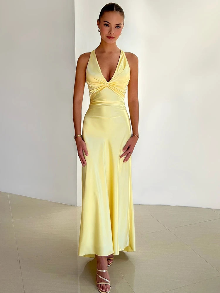Women's Evening Gown Satin Halter Neck Maxi Dress for Formal Events