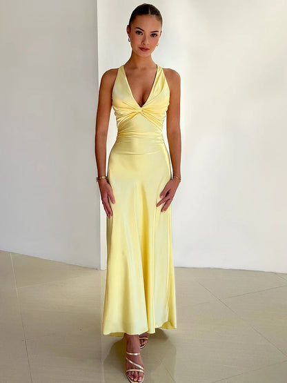 Women's Evening Gown Satin Halter Neck Maxi Dress for Formal Events