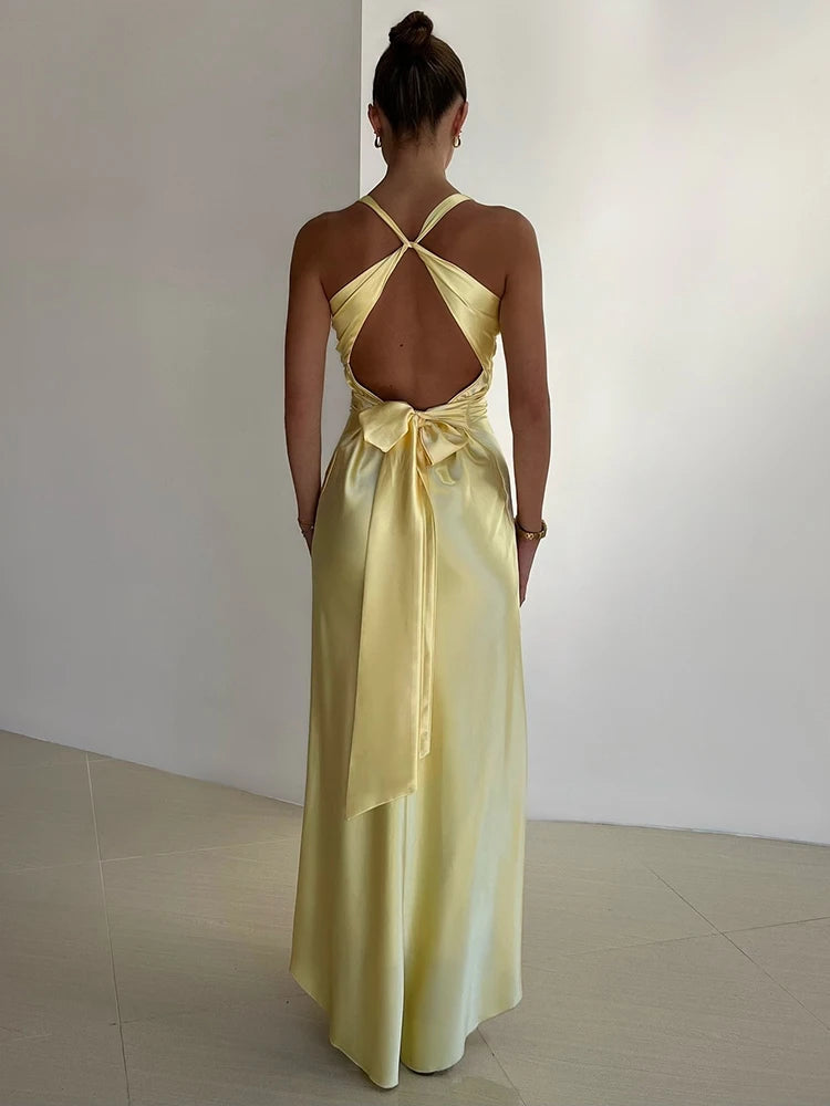 Women's Evening Gown Satin Halter Neck Maxi Dress for Formal Events