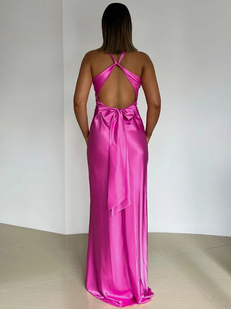 Women's Evening Gown Satin Halter Neck Maxi Dress for Formal Events