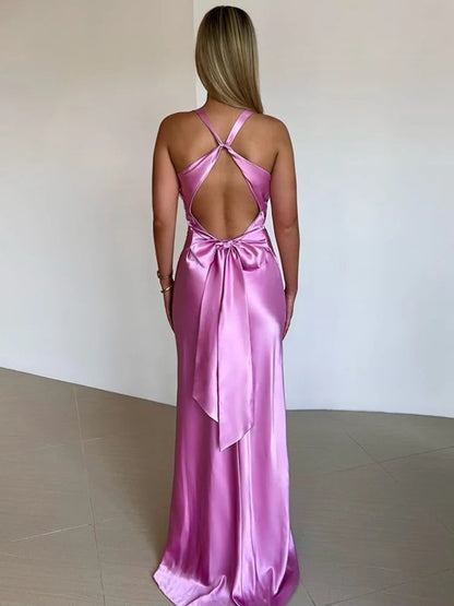 Women's Evening Gown Satin Halter Neck Maxi Dress for Formal Events