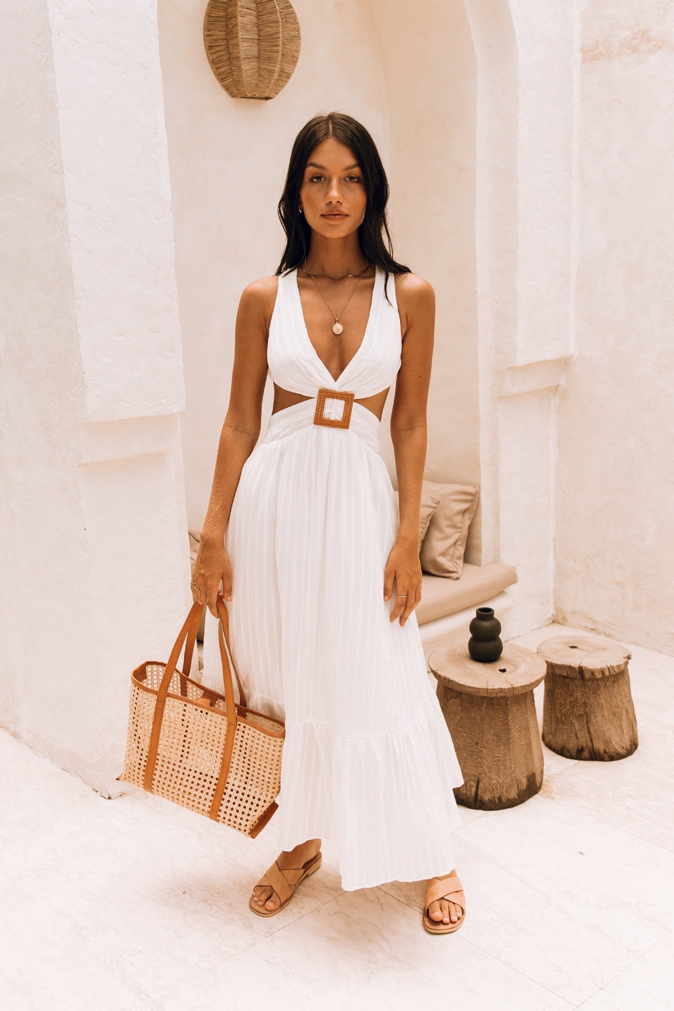 Women's Maxi Dress Cotton with Plunge Neckline 0