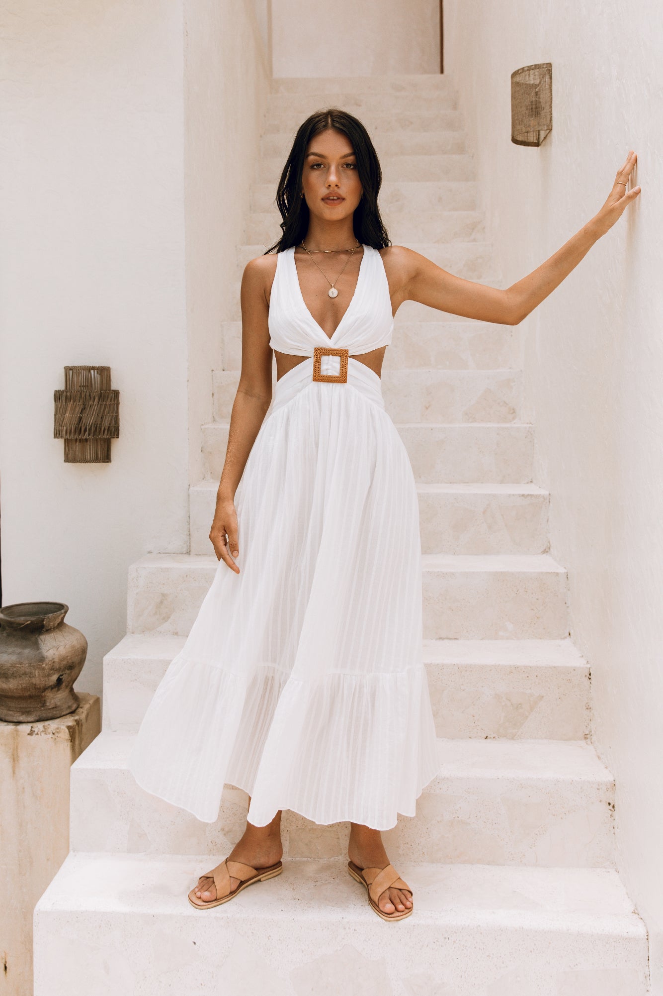 Women's Maxi Dress Cotton with Plunge Neckline 3