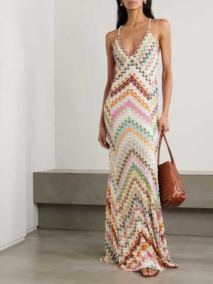 Women's Maxi Dress Knit with Colorful Herringbone Print 0