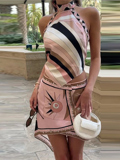 Women's Satin Skirt Set Halter Neck Summer Outfit 0