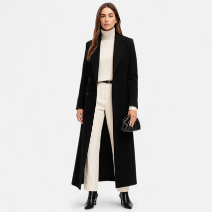 Women’s Black Maxi Overcoat – Longline Tailored Outerwear for All-Season Elegance