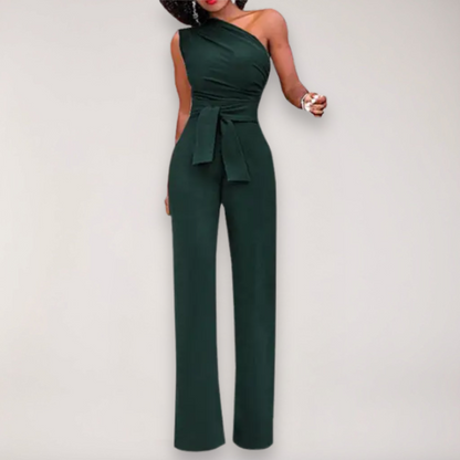 Women’s One Shoulder Jumpsuit – Draped Fit with Tie Waist Detail