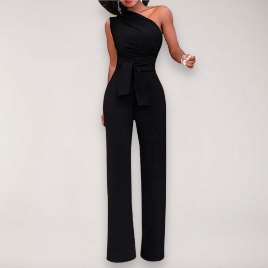 Women’s One Shoulder Jumpsuit – Draped Fit with Tie Waist Detail
