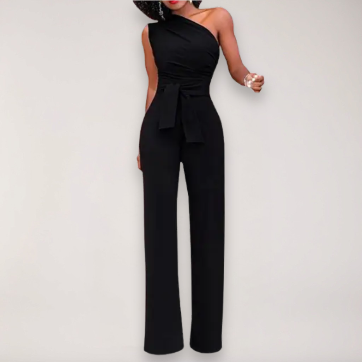 Women’s One Shoulder Jumpsuit – Draped Fit with Tie Waist Detail