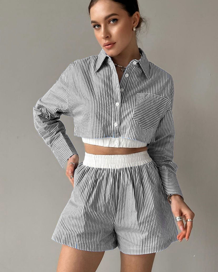 Women's Outfit Cotton Long Sleeve Shirt and Elastic Shorts Set 8