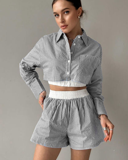 Women's Outfit Cotton Long Sleeve Shirt and Elastic Shorts Set 8
