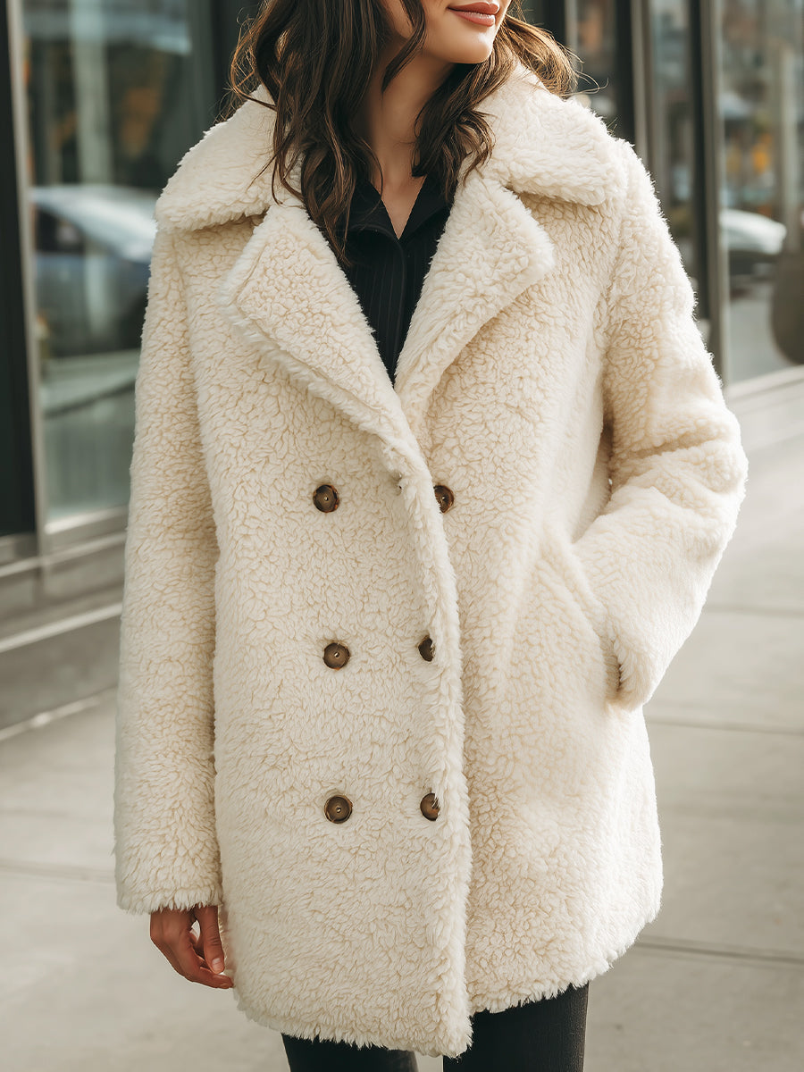 Women’s Cozy Double-Breasted Faux Shearling Coat – Warm Winter Outerwear