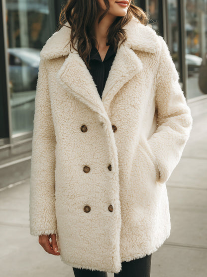 Women’s Cozy Double-Breasted Faux Shearling Coat – Warm Winter Outerwear