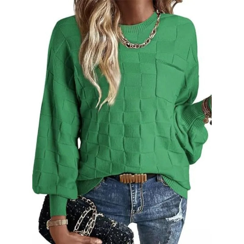 Casual Cotton Boat Neck Knit Sweater with Checkered Long Sleeves for Women | Ideal for Spring