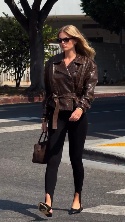 Elegant Women’s Brown Croc-Embossed Leather Jacket | Stylish Autumn & Winter Outerwear