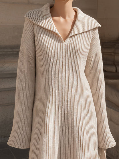 Beige Ribbed Knit Sweater Dress With Wide Collar