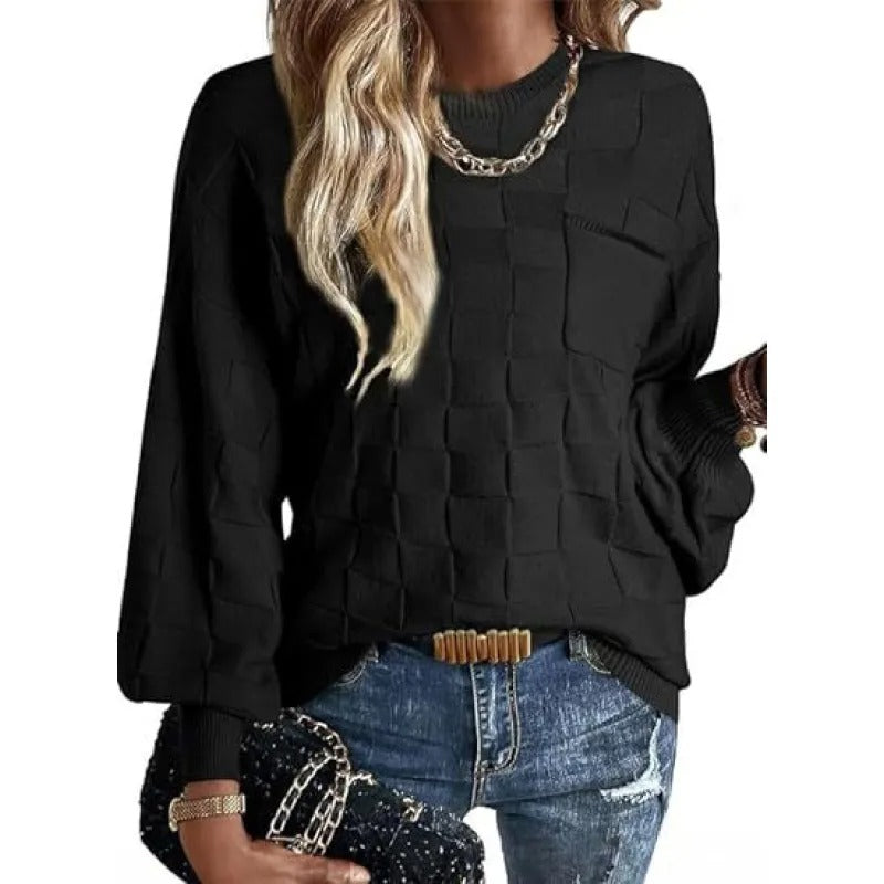 Casual Cotton Boat Neck Knit Sweater with Checkered Long Sleeves for Women | Ideal for Spring