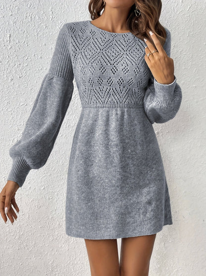 Casual Eyelet Solid Color Knit Lantern Sleeve A-Line Cinched Waist Formal Dress for Women | Ideal for All Seasons