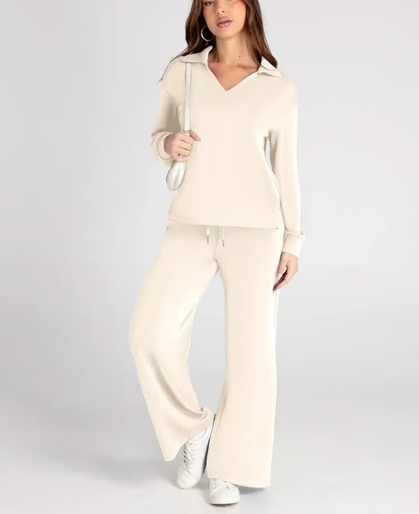 Women's Two-Piece Set V-Neck Sport Sweatshirt and Elastic Waist Wide-Leg Trousers | Ideal for Autumn/Winter
