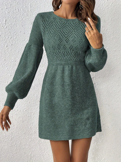 Casual Eyelet Solid Color Knit Lantern Sleeve A-Line Cinched Waist Formal Dress for Women | Ideal for All Seasons