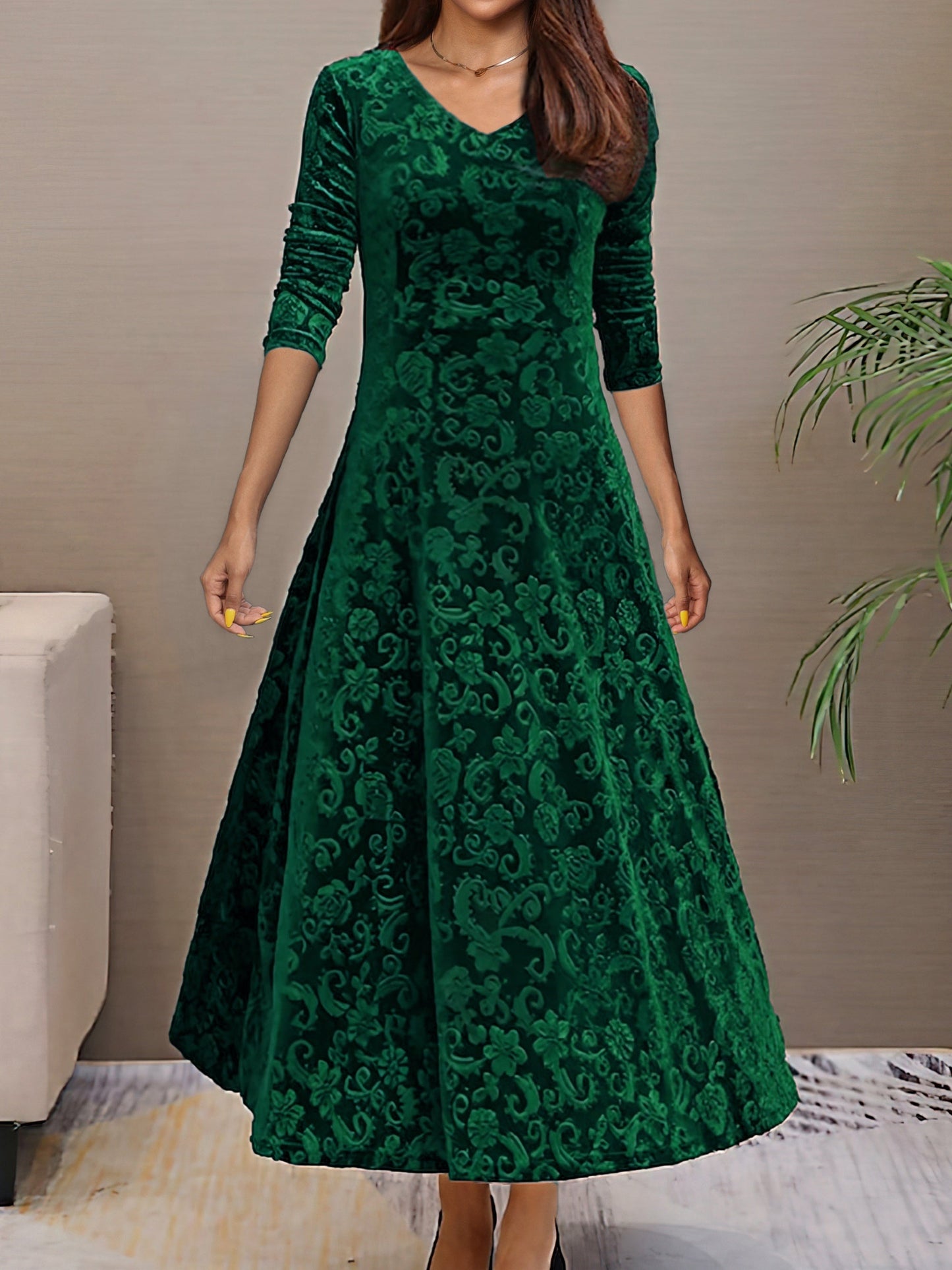 Stylish cotton Plus Size Floral Pattern Velvet V-Neck Long Sleeve Formal Dress for Women | Ideal for Autumn