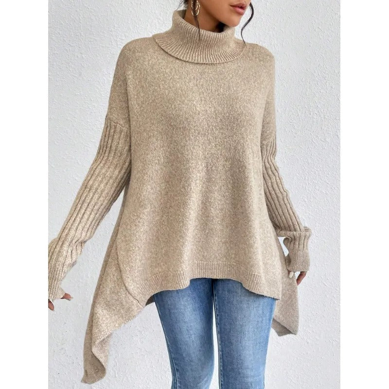 Casual Cotton Asymmetric Hem Turtle Neck Sweater with Long Sleeves for Women | Ideal for Autumn