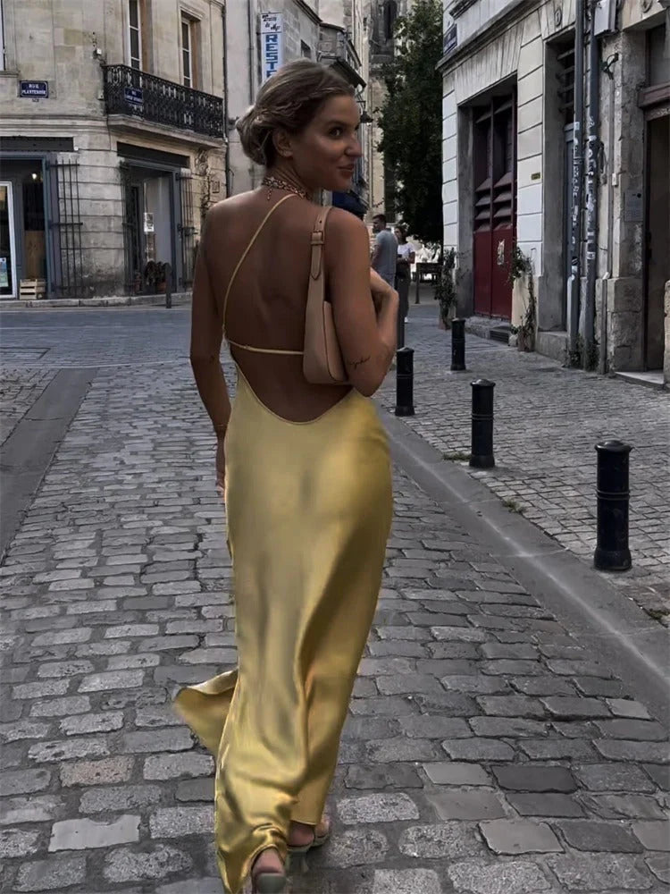 Women's Satin Maxi Dress Open Back Elegant 3
