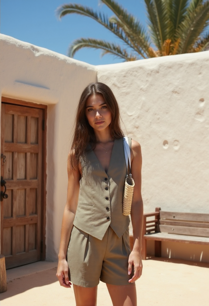 Women's Summer Set Polyester Blend Linen Look with Button Detail 3