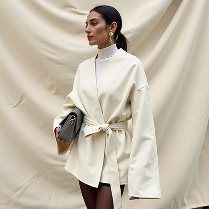 Lace-Up Wool Blend Contrast Jacket – Feminine, Warm & Fashion-Forward for Autumn/Winter