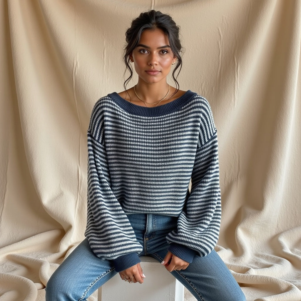 Striped Off-Shoulder Knit Sweater – Casual, Cozy & Perfect for Layering