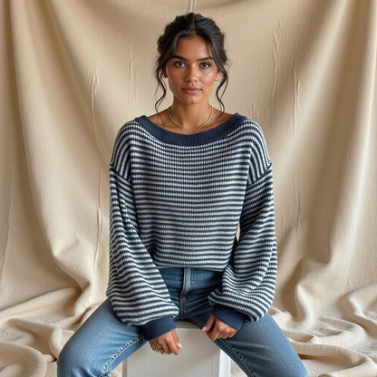 Striped Off-Shoulder Knit Sweater – Casual, Cozy & Perfect for Layering