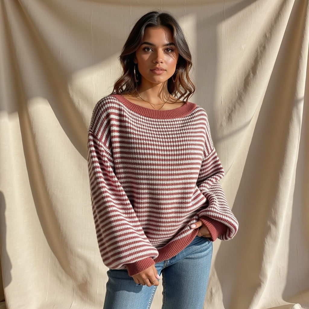 Striped Off-Shoulder Knit Sweater – Casual, Cozy & Perfect for Layering