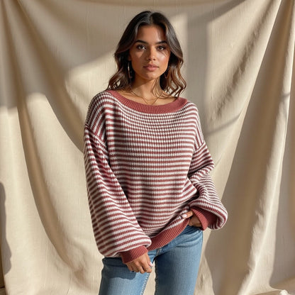Striped Off-Shoulder Knit Sweater – Casual, Cozy & Perfect for Layering