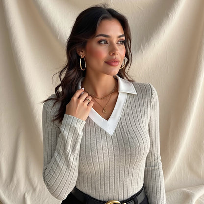 Women’s Ribbed Polo Sweater – Soft Knit Elegance for Smart-Casual Style