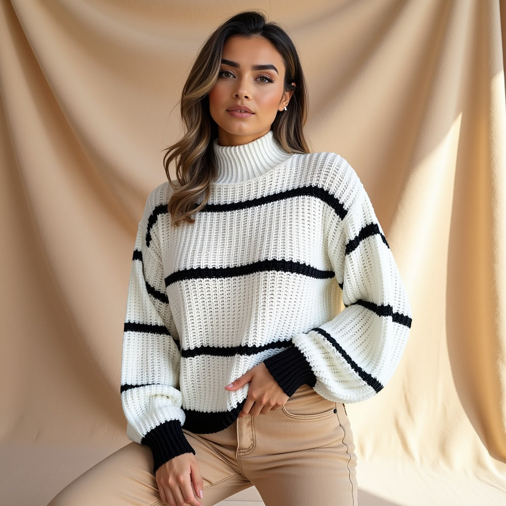 Striped Turtleneck Knit Sweater – Soft, Relaxed & Perfect for Everyday Layering
