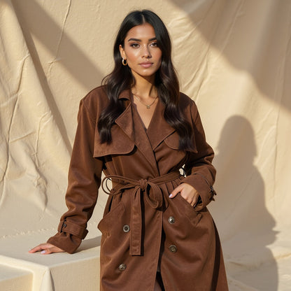 Women Suede Trench Coat – Elegant, Soft-Touch & Effortlessly Sophisticated