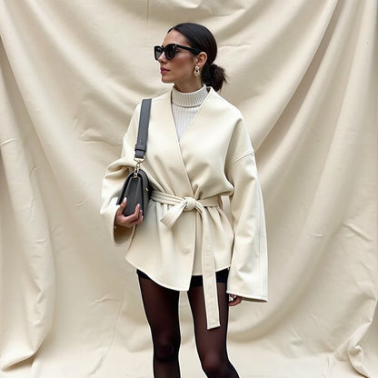 Lace-Up Wool Blend Contrast Jacket – Feminine, Warm & Fashion-Forward for Autumn/Winter