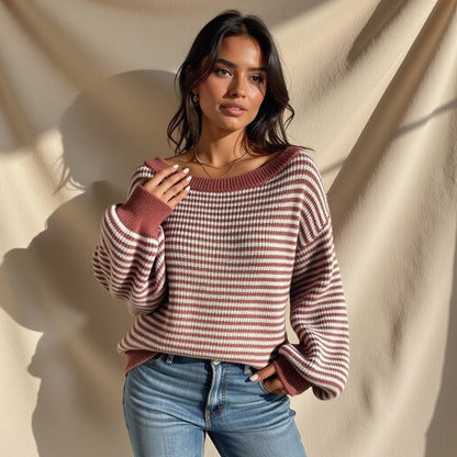 Striped Off-Shoulder Knit Sweater – Casual, Cozy & Perfect for Layering